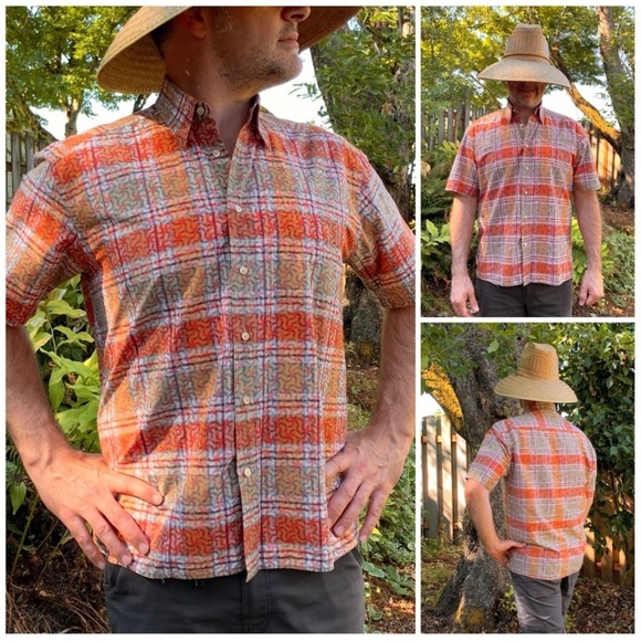 Orange check plaid geometric design short sleeve shirt by Tuttle Sportswear - Picture 3 of 16